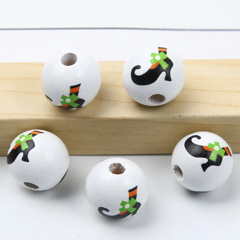 Round Balls Red Green Wooden Beads 15mm Cartoon Tree Letter Pattern Halloween Christmas Beads For Jewelry Making DIY Accessories
