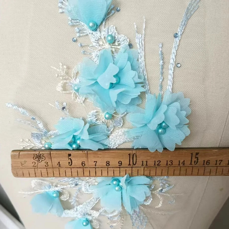 1Pc Pink Blue 3D Flower Bead Embroidery Patch Mesh Fabric Applique Sew Wedding Dress Clothes Decor Diy Repair