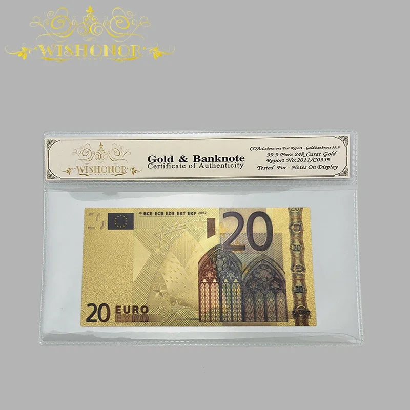 Wholesale Color Euro Banknotes 20 Euro Banknote in 24k Gold Plated With Plastic COA Frame For Gifts and Collection