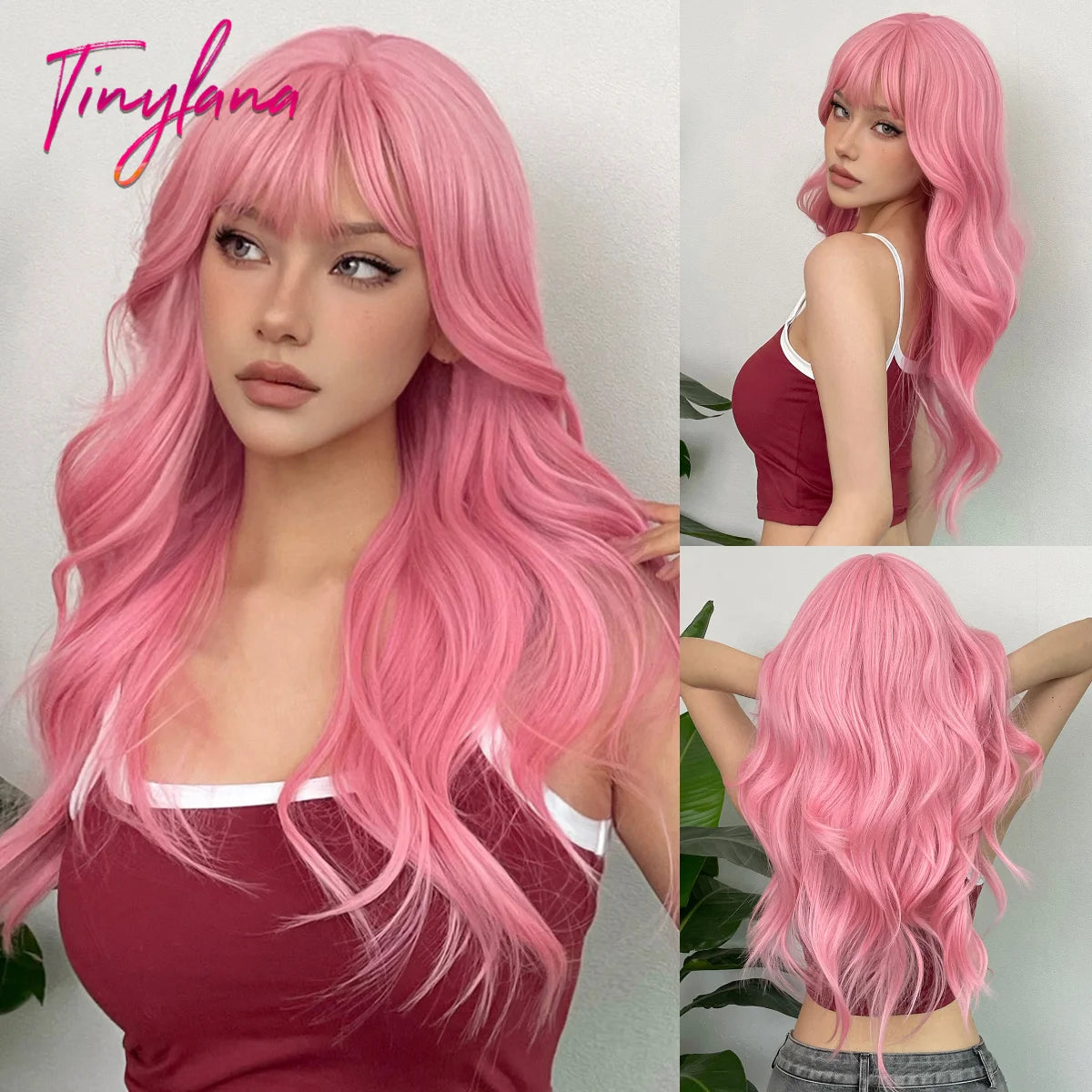 Long Straight Light Pink Synthetic Wigs with Bangs for Women Cosplay Halloween Lolita Pink Party Wig Natural Hair Heat Resistant
