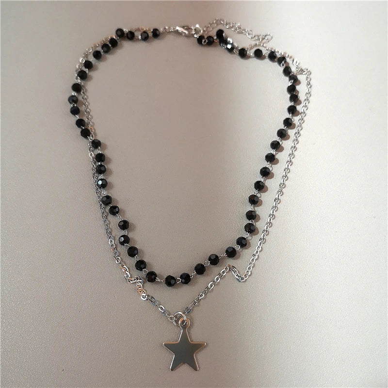 Punk Y2K Metal Cross Star Black Heart Pendant Multi Layer Bead Necklace For Women Men Vintage Gothic Charm Grunge Jewelry Gift
