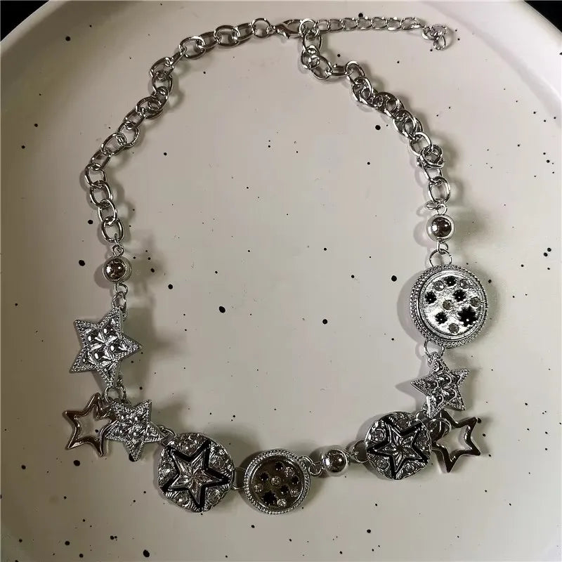 New Trendy Gothic Geometry Star Crystal Choker Pendant Chain Necklaces For Women Charm Y2K Vintage Harajuku Accessories Jewelry