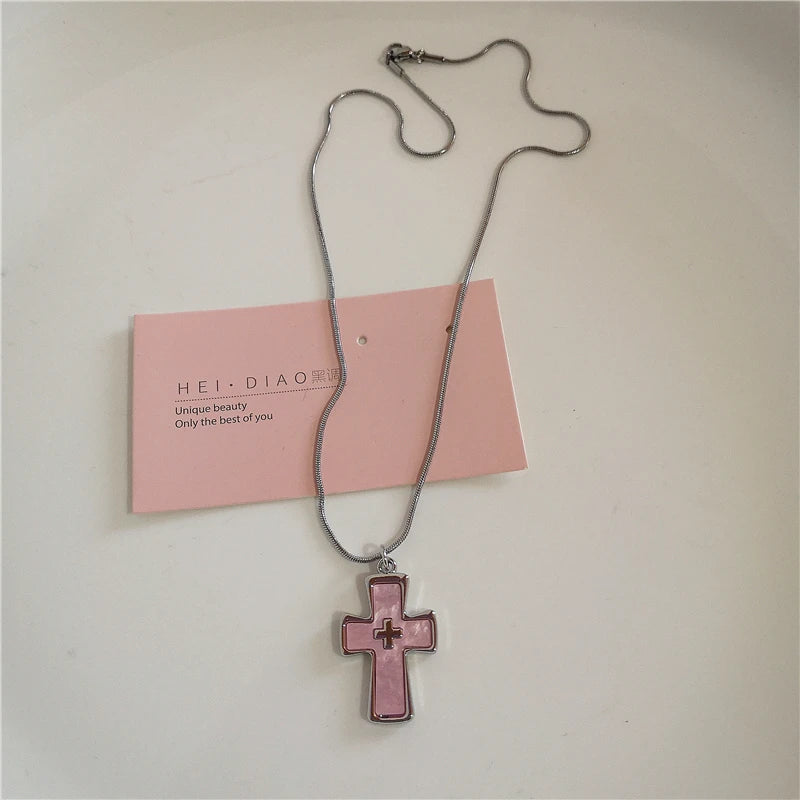 Gothic Vintage Pink Cross Strawberry BowTassel Pendant Pearl Beaded Snake Chain Necklace Women Y2K 2000s EMO Jewelry Accessories