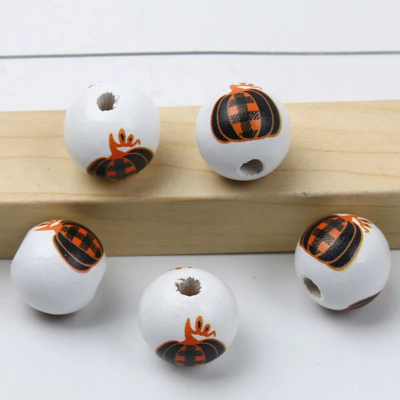 Round Balls Red Green Wooden Beads 15mm Cartoon Tree Letter Pattern Halloween Christmas Beads For Jewelry Making DIY Accessories