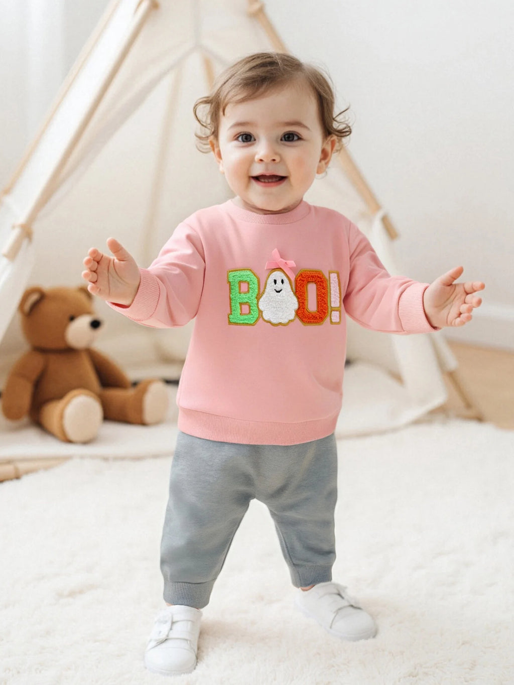 Adorable Infant Halloween Pullover with Embroidered Letters Round Neck and Long Sleeves - Stylish Toddler Outfit for Fall Fun