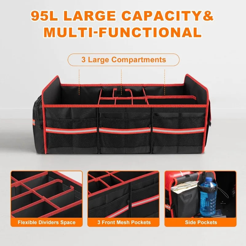 95L Car Trunk Organizer, Collapsible Trunk Storage Organizer with Removable Lid - Multi Compartment Waterproof Storage Organizer