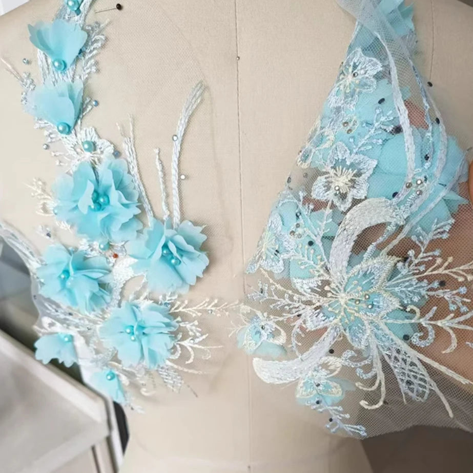 1Pc Pink Blue 3D Flower Bead Embroidery Patch Mesh Fabric Applique Sew Wedding Dress Clothes Decor Diy Repair