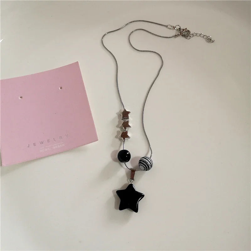 Gothic Black Peach Heart Star Pendant Necklace For Women Men Sliver Color Love Short Choker Punk Y2K Charms Jewelry Accessories