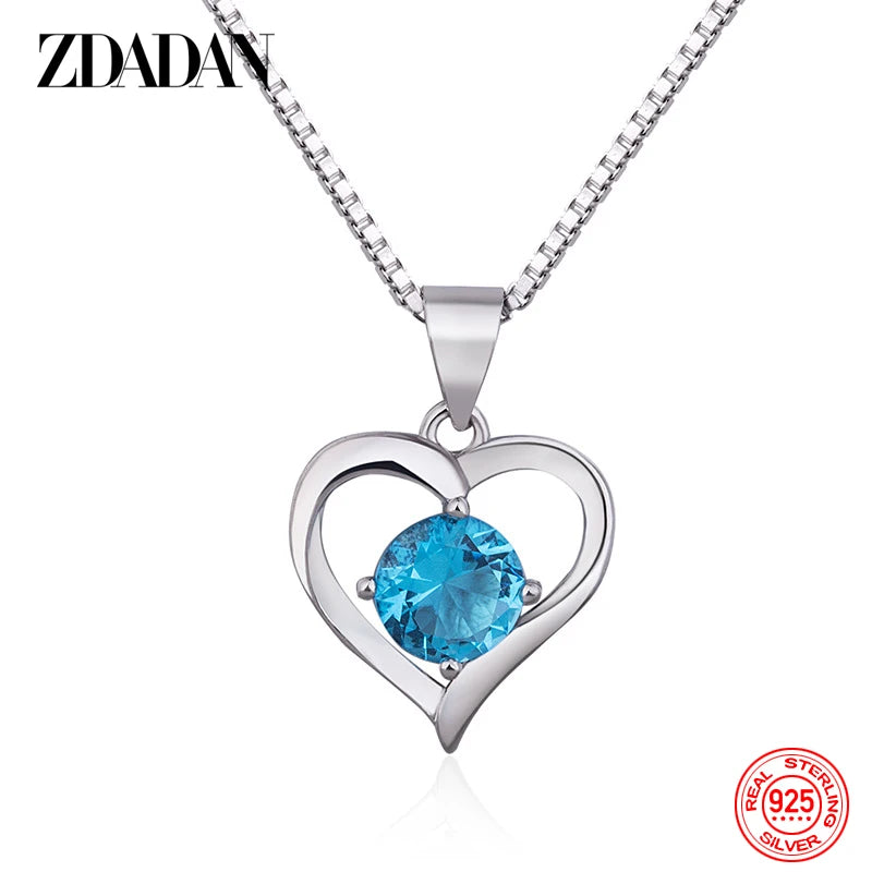 ZDADAN 925 Sterling Silver Heart Blue Crystal Necklace For Women Charm Party Jewelry Accessory