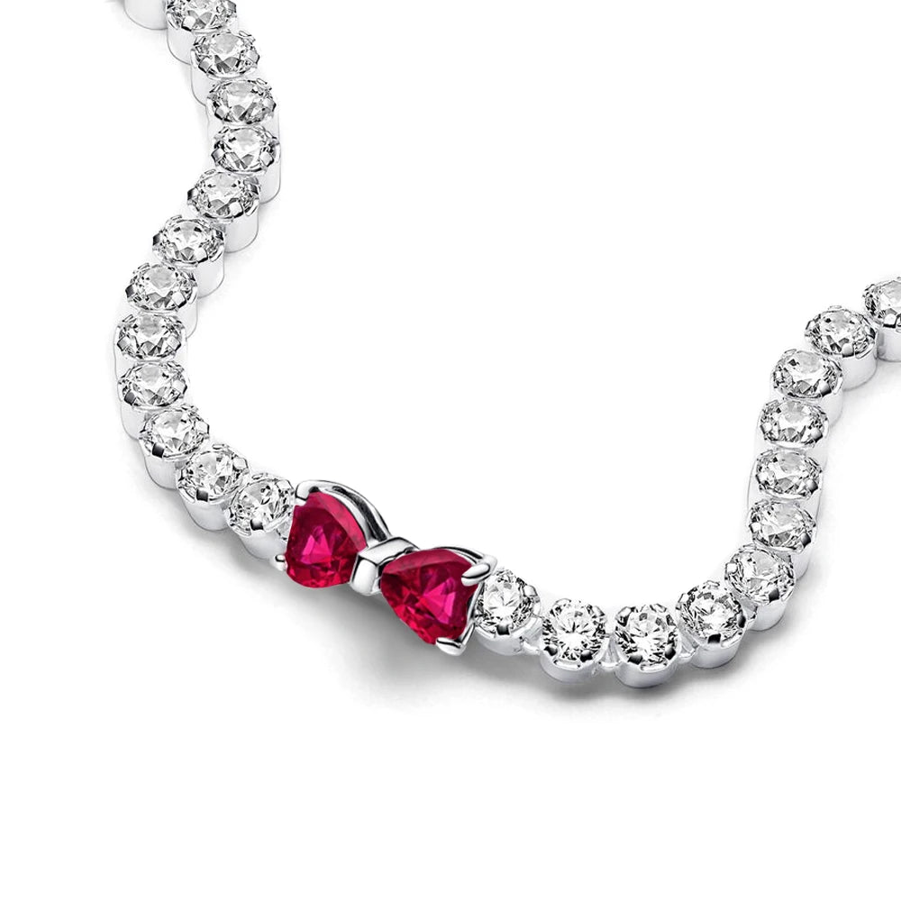 Luxury Original 925 Sterling Silver Necklace Bow Round CZ Red Heart Pendant Necklace Charm Women Classic DIY Gift Making