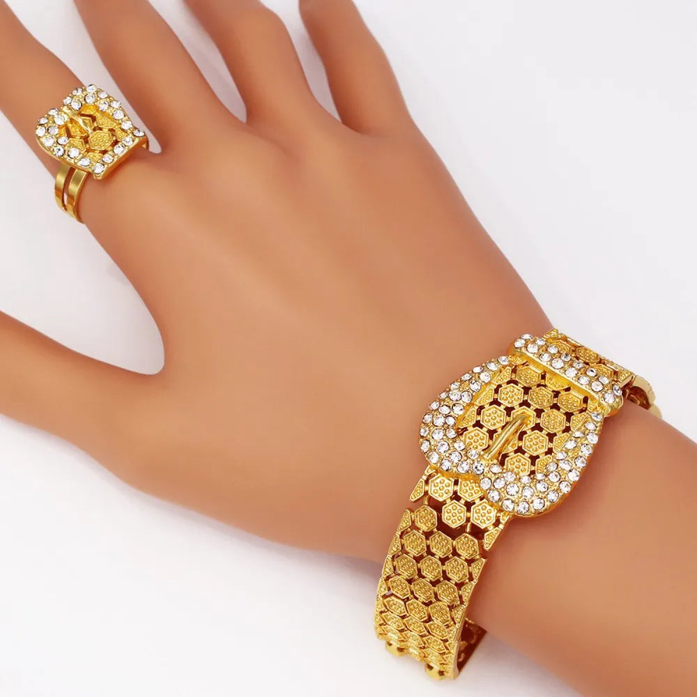 Trendy Statement Big Jewelry Set Africal Dubai Gold Color Large Necklace Chic Bangle Bracelet Long Earring Ring Set Wedding Gift