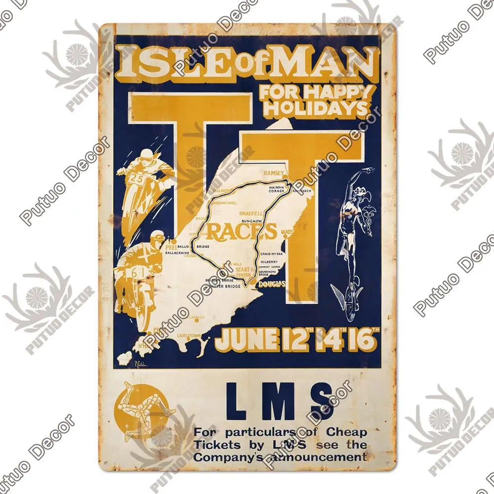 Putuo Decor Vintage Racing Track Tin Sign Isle of Man TT Metal Poster Plaque Garage Plate Bar Club Man Cave Home Wall Decoration