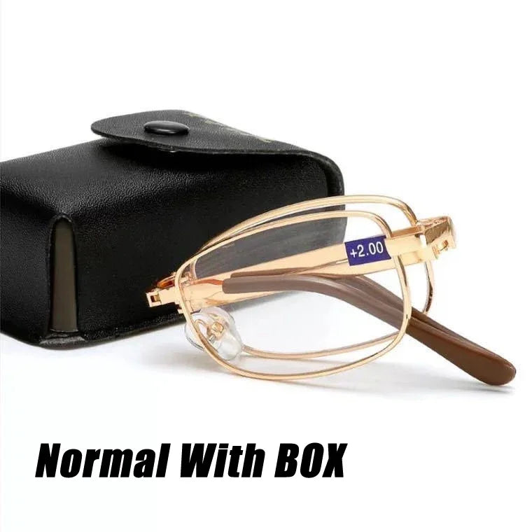 2024 Bifocal Folding Reading Glasses With Leather Box Men Women Collapsible Metal Lenses Eyewear Farsighted Eyeglasses Diopter