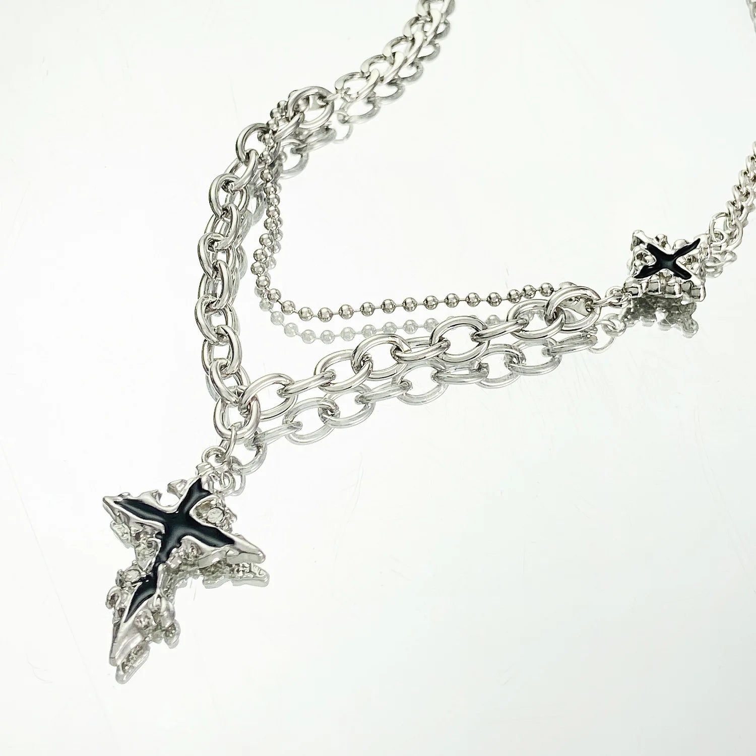 Gothic Punk Y2K Black Crystal Cross Pendant Necklace for Women Vintage Multi Layer Bead Necklace 90s EMO Charm Jewelry Gift