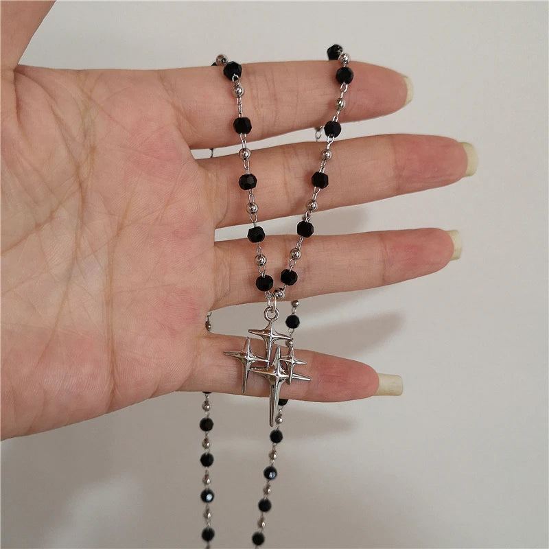 Kpop Goth Vintage Cool Y2K Star Pendant Beaded Silver Color Chain Necklace For Women Men Aesthetic Grunge EMO Jewely Accessory