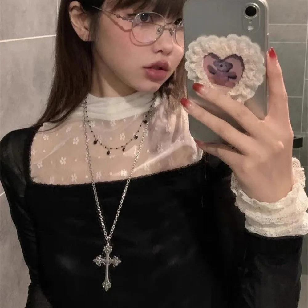 Summer Black Rhinestone Cross Jesus Pendant Choker Necklace for Women Punk Vintage Double Layers Chain 2025 Neck Boho Jewelry