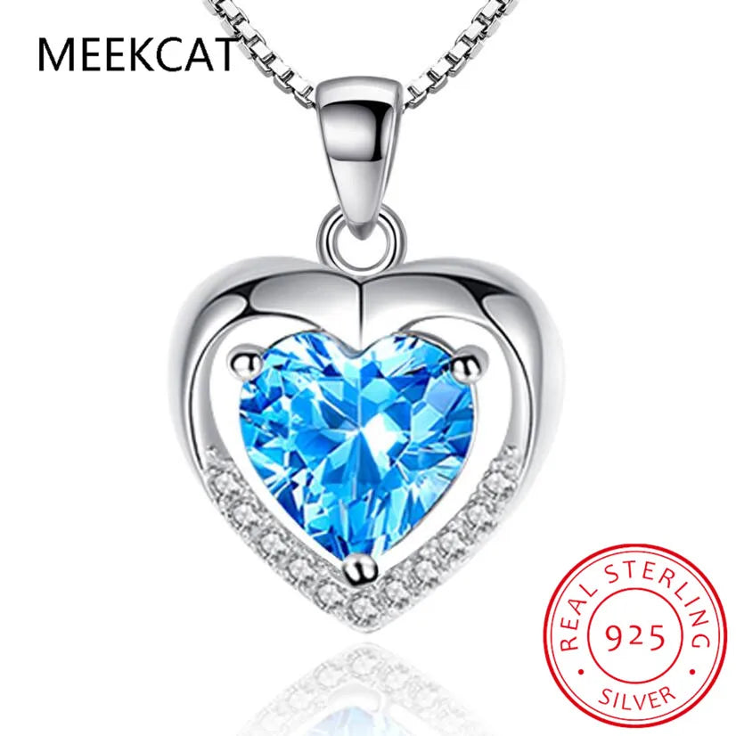 925 Sterling Silver Love Heart Pendant Necklace, Blue Clear Crystal Necklaces for Women Silver Fine Jewelry Gift BSN252