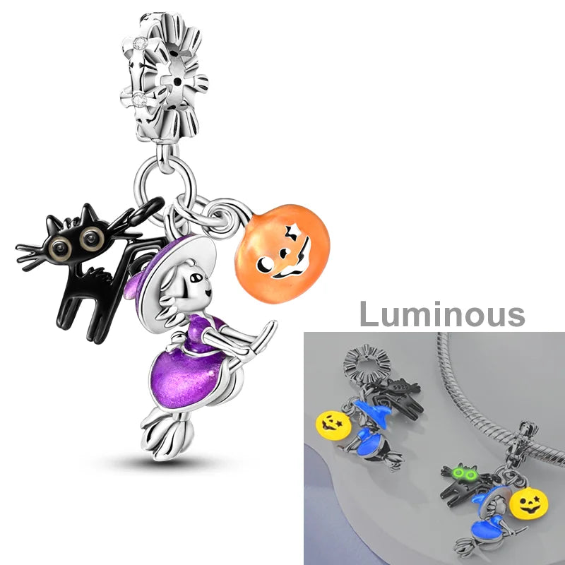 Halloween Dangle 925 Sterling Silver Skeleton Witch Devil's Eye Skull Charms Bead Fit Original Bangle Bracelet Necklace Jewelry