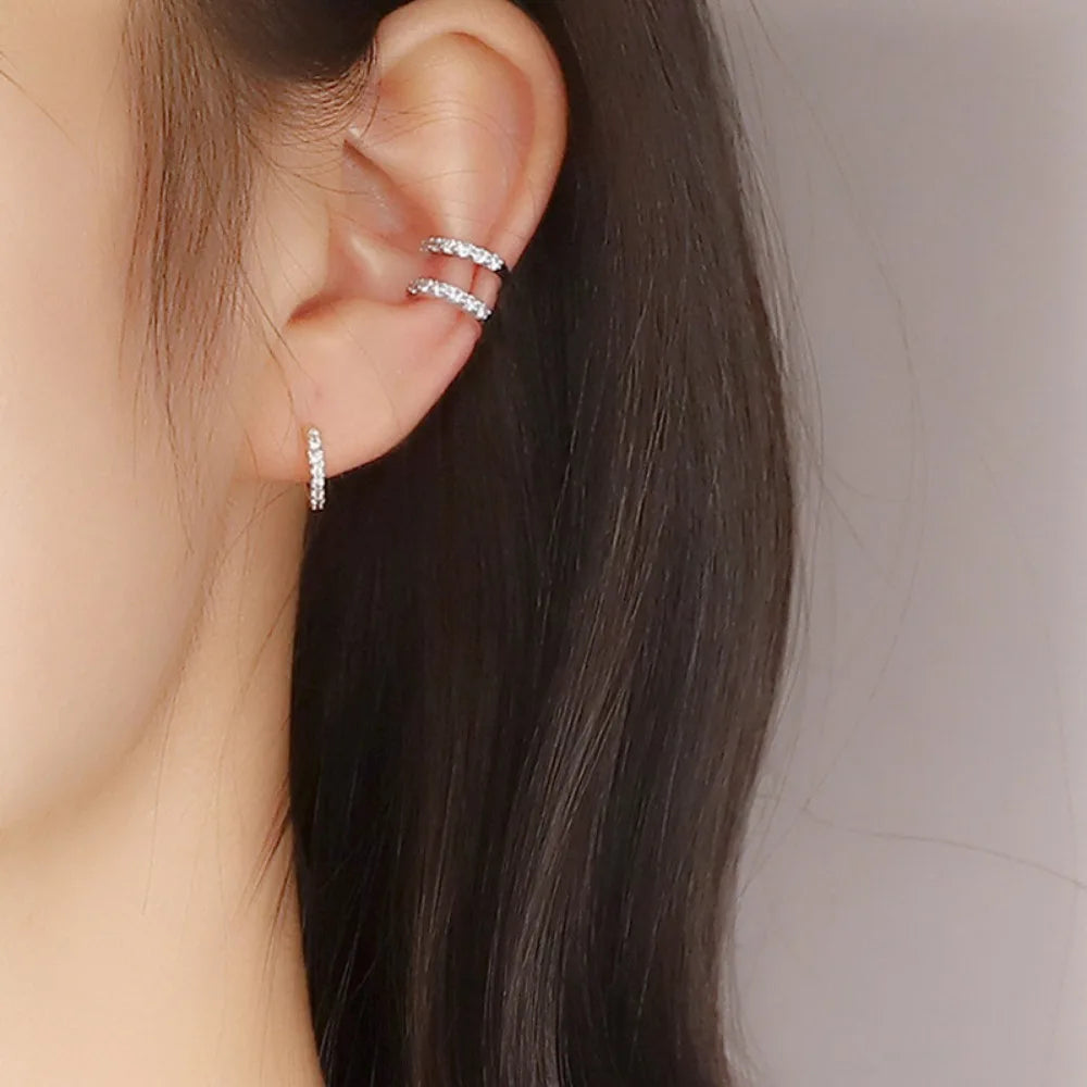 New Personality Stainless Steel Full Zircon C-shape Water Drop Clip Earrings for Women Charm Fake Piercing Cuff Earring Jewelry