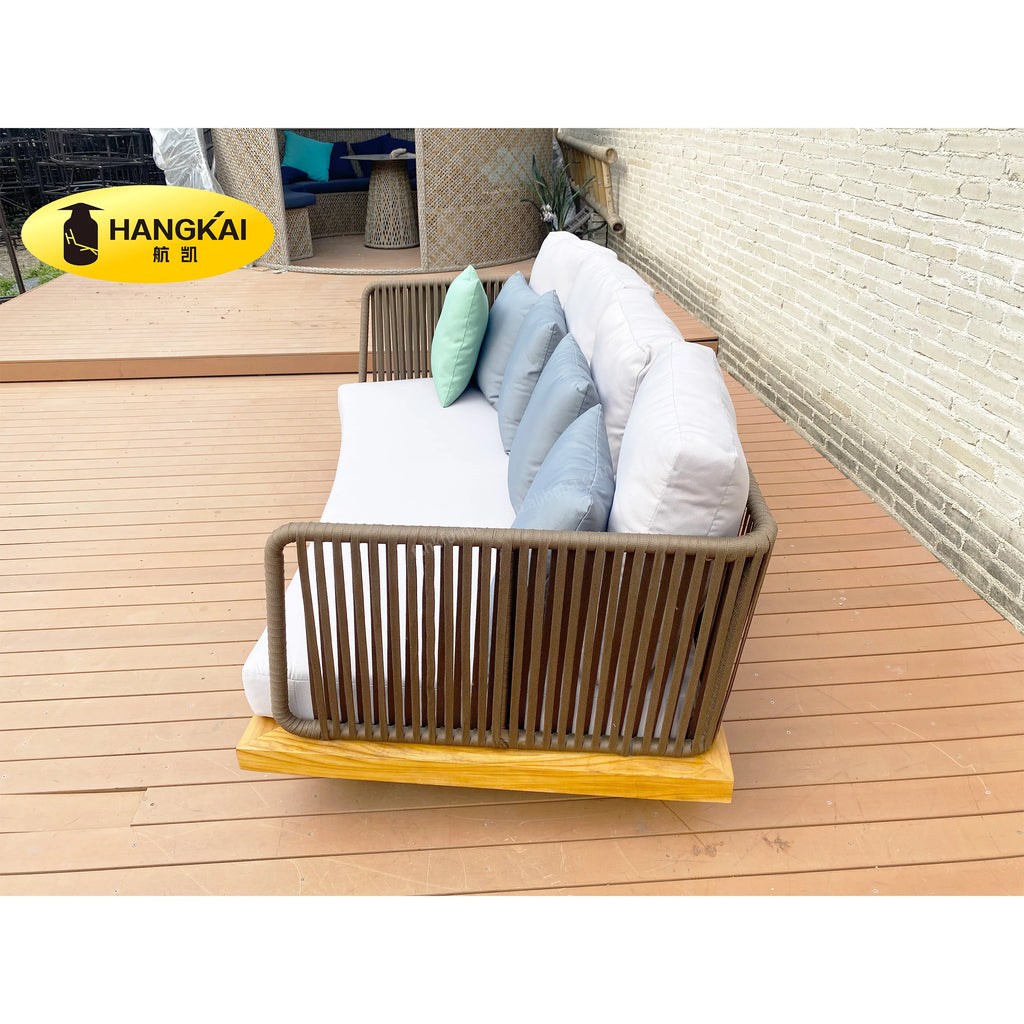 Garden Patio Modern Design Hand Woven Rattan Wicker Olefin Rope Teak Base Outdoor Sectional Sofa Set