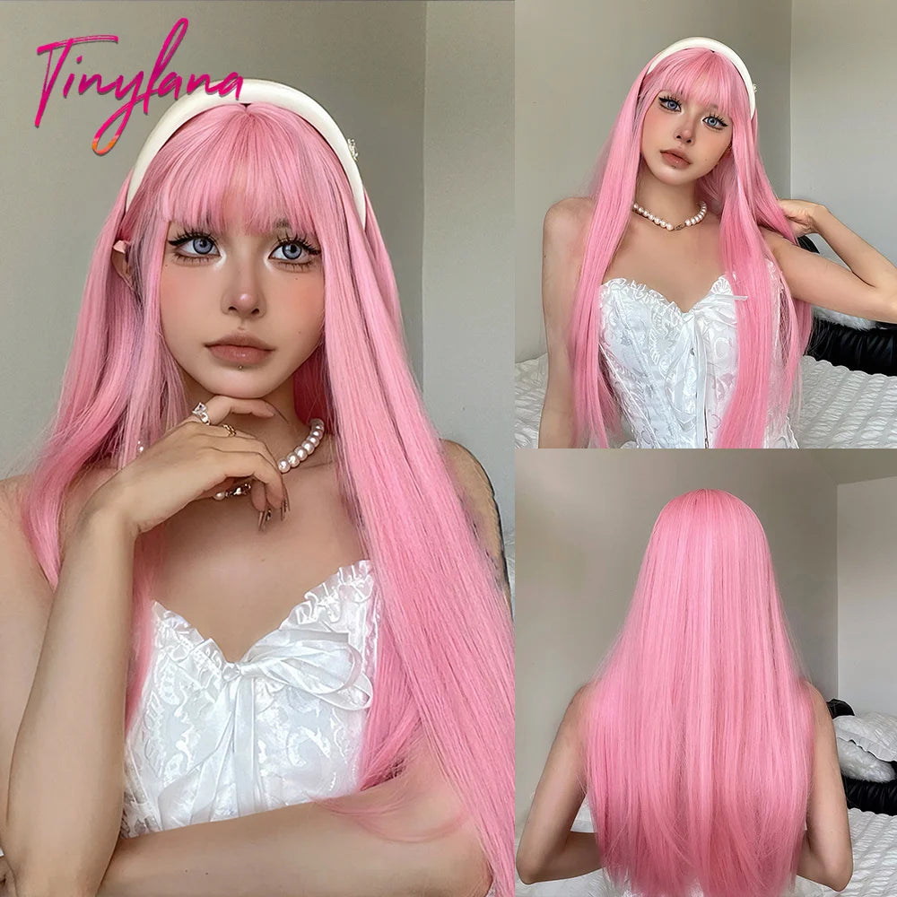 Long Straight Light Pink Synthetic Wigs with Bangs for Women Cosplay Halloween Lolita Pink Party Wig Natural Hair Heat Resistant