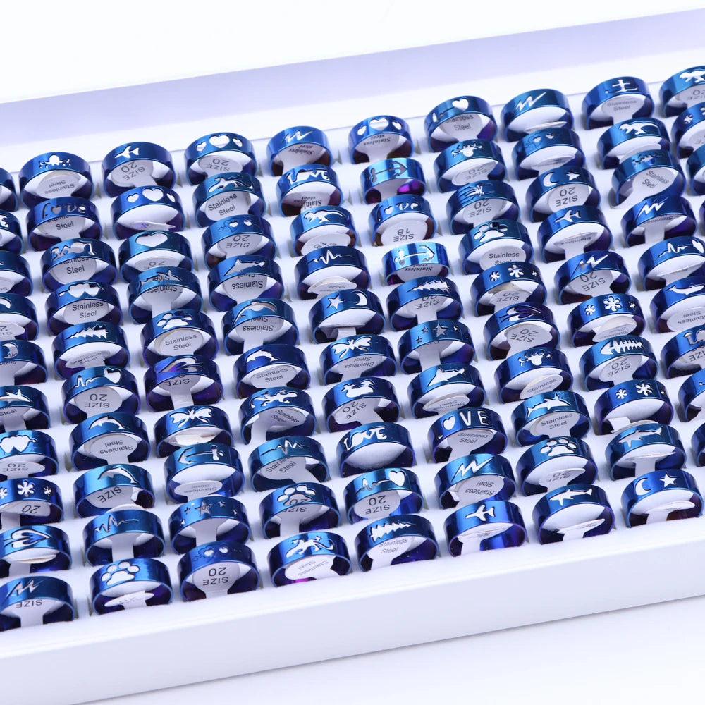 10/20/30/50Pcs Classic Fashion Stripe Hollow Colorful Sticker Stainless Steel Ring Trend Women Jewelry Party Decoration Gift