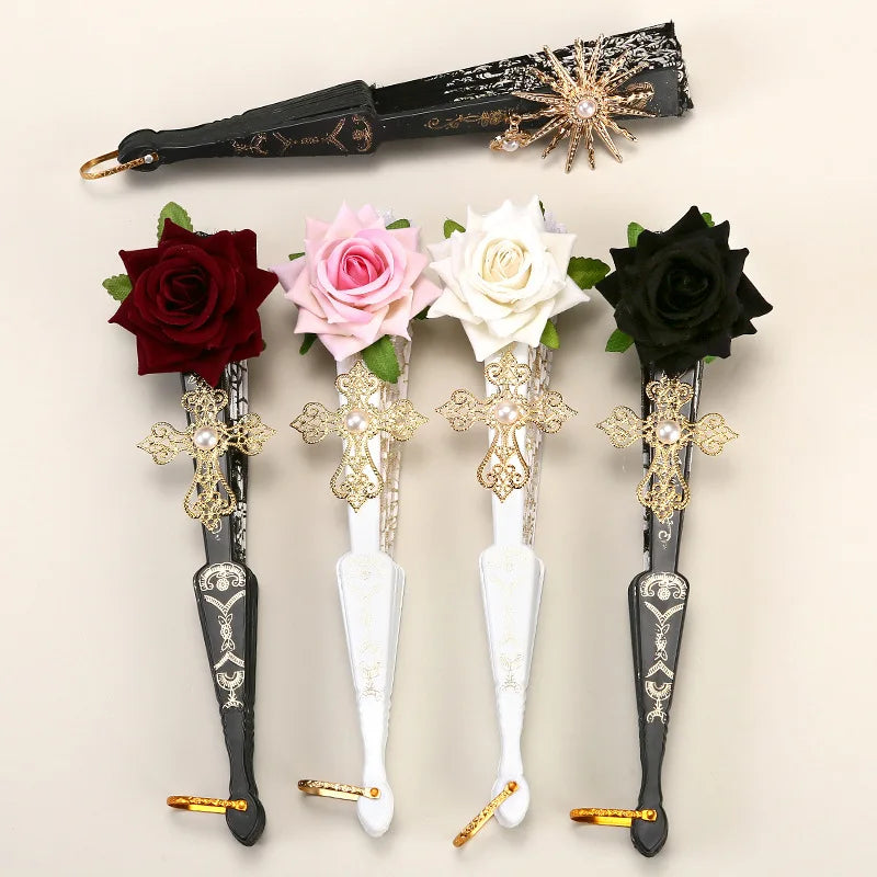 Female Lace Hand Fan Lolita Gothic Fan Victorian Vintage Black White Red Rose Bamboo Fans Cosplay Halloween Party Photo Prop