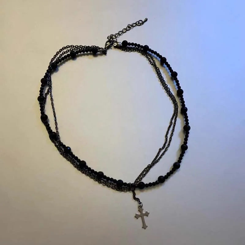 Gothic Punk Y2K Black Crystal Cross Pendant Necklace for Women Vintage Multi Layer Bead Necklace 90s EMO Charm Jewelry Gift