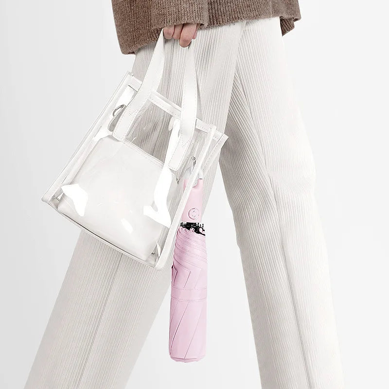 Automatic locking umbrella, creative loop buckle, simple Japanese black rubber sun protection hook type three fold umbrella