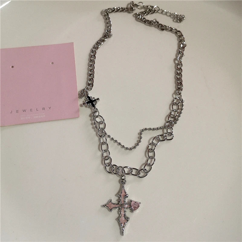 Gothic Y2K Pink Cross Heart Pendant Chain Choker Necklace For Women Egirl Hip Hop Punk Charms Aesthetic Jewelry EMO Accessories