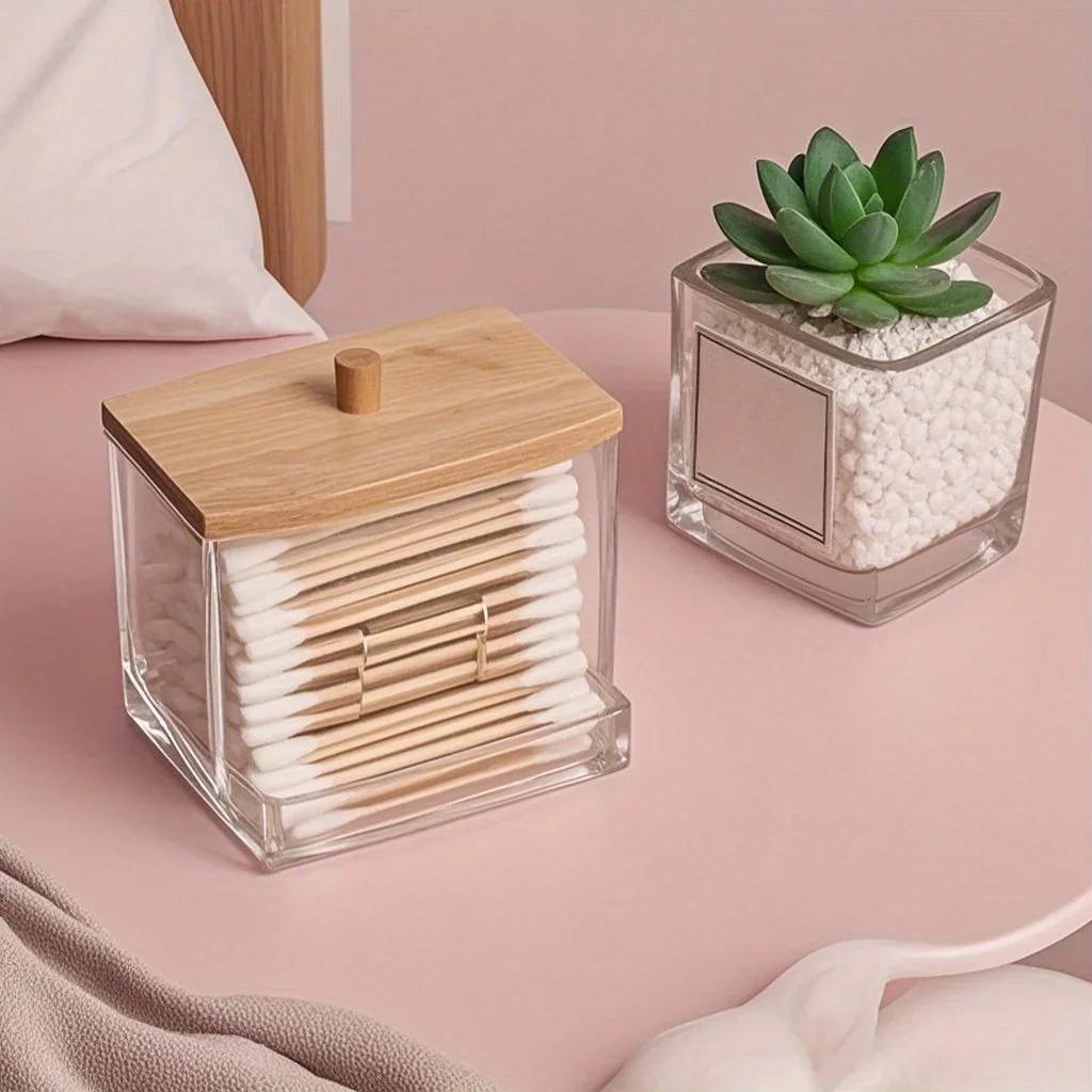 Dustproof Storage Jar for Sticks Powder, Beauty Eggs, and Swabs Transparent Acrylic Wooden Lid Stick Holder for Desktop Bathroom