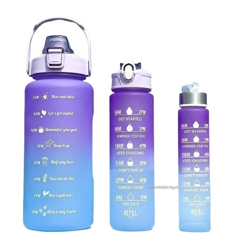 2000ml+900ml+300ml Motivational Water Bottle Set Large Capacity Tumbler with Straws Time Marker for Outdoor Sports