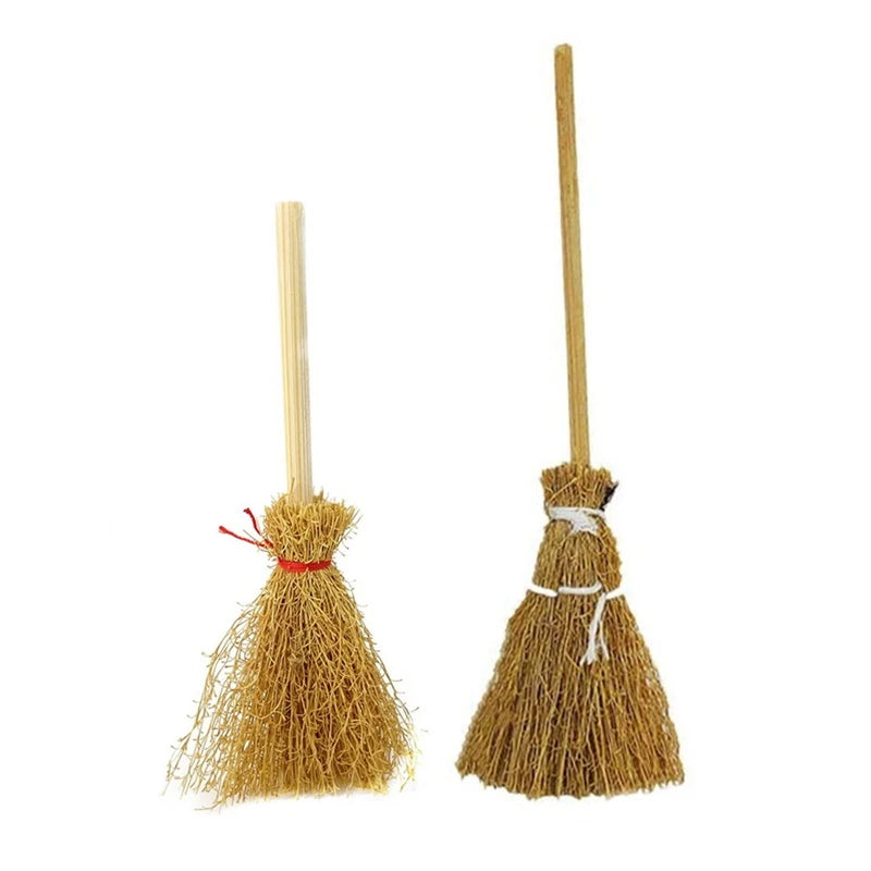 10PCS Mini Broom Witch Straw Brooms DIY Hanging Ornaments for Halloween Party Decoration Costume Props Dollhouse Accessories