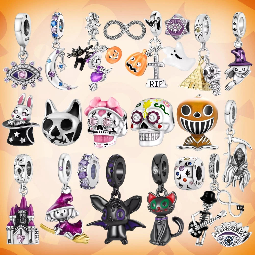 Halloween Dangle 925 Sterling Silver Skeleton Witch Devil's Eye Skull Charms Bead Fit Original Bangle Bracelet Necklace Jewelry
