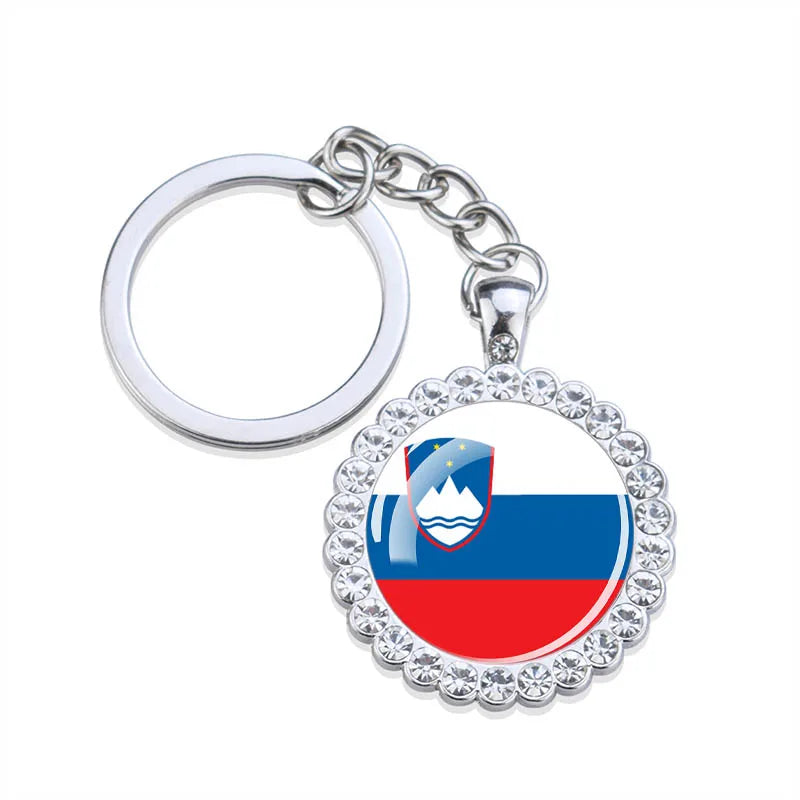 Europe National Flag Keychains Glass Dome Rhinestone Pendant Key Chains Albania Spain Ukraine Russia France Germany Flag Keyring