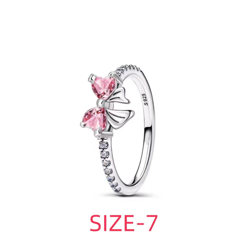 New 925 silver pink bow heart-shaped pendant ring necklace earrings crystal women's Valentine's Day birthday gift DIY jewelry