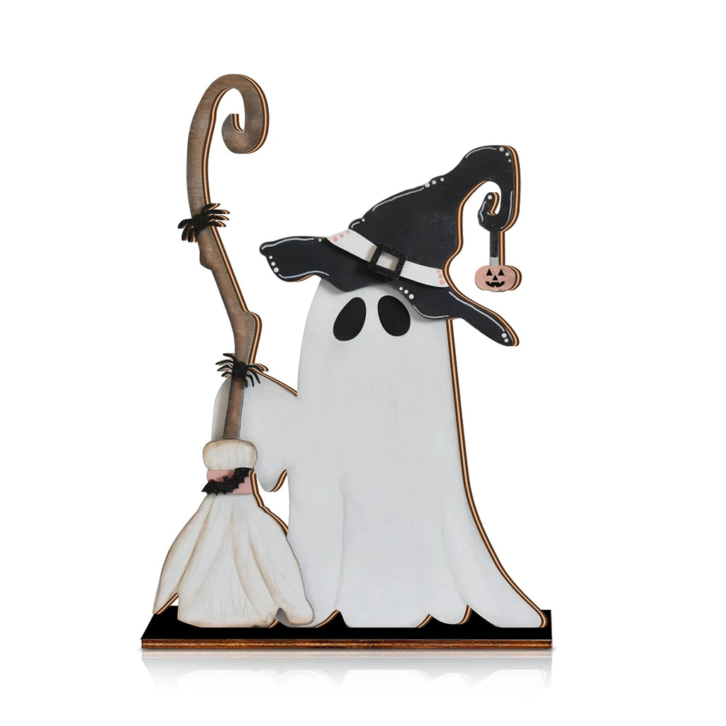 Halloween Decor Wooden Ghost with Witch Hat and Broom - Cute Home Party Ornament