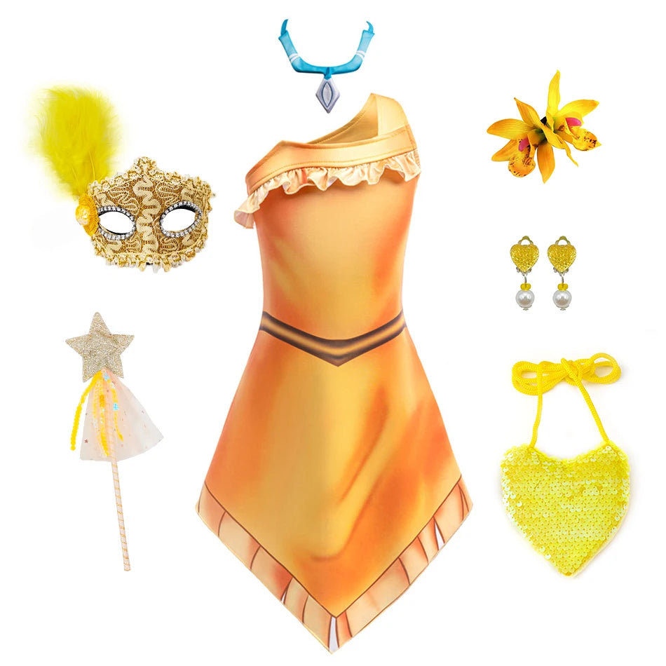 Girls Cosplay Princess Dress With Necklace Beach Indian Costume Kids Birthday Halloween Role Playing Matoaka Suspender Vestidos