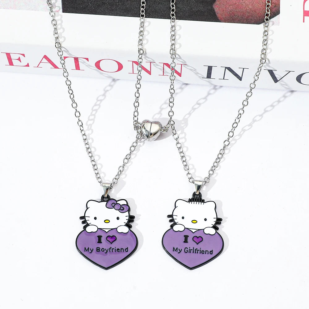 Sanrio Hello Kitty Necklace Purple Doce Kitty Cat Lovers Neck Chain Heart Magnet Necklace For Couple Jewelry Acessorios Gifts