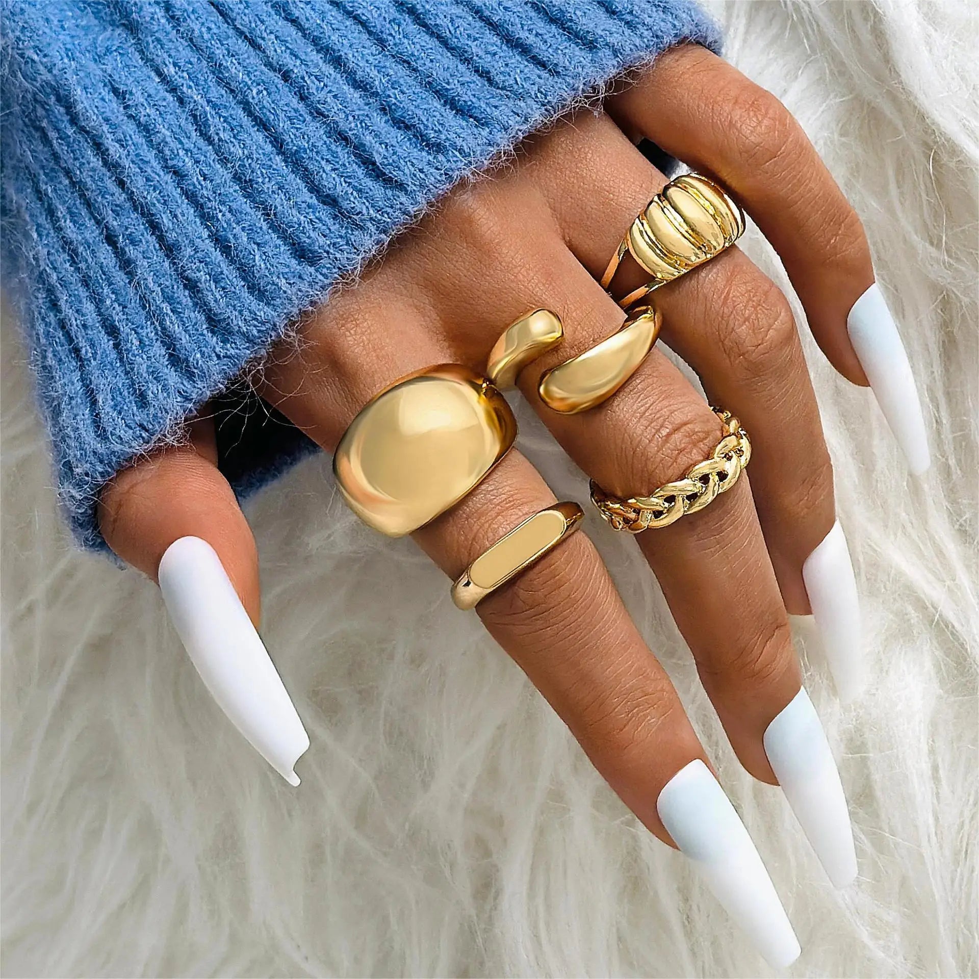 Punk Geometric Metal Irregular Rings for Women Men Vintage Gold Color Curved Open Ring Set Fashion Unisex Jewelry Gift