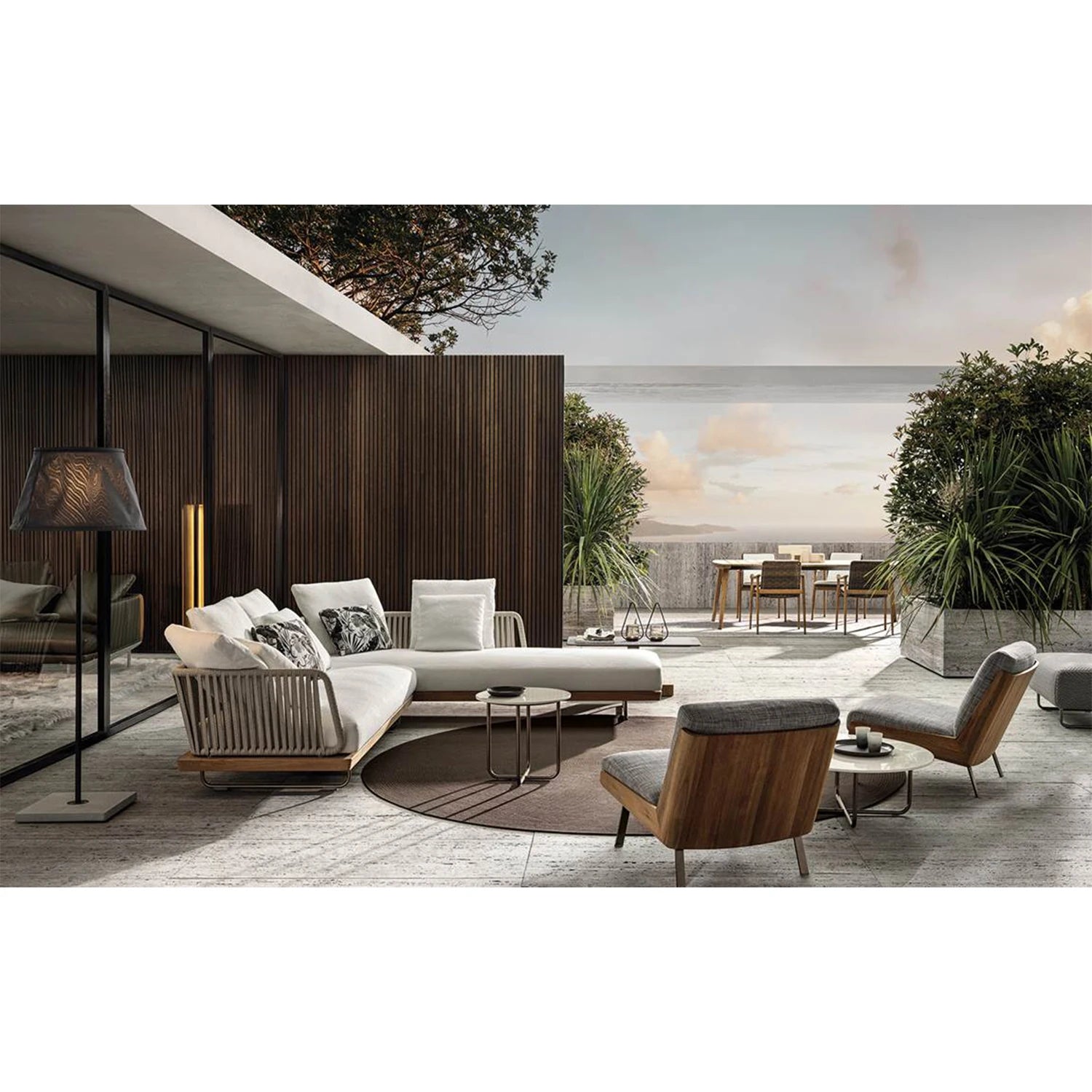 Garden Patio Modern Design Hand Woven Rattan Wicker Olefin Rope Teak Base Outdoor Sectional Sofa Set