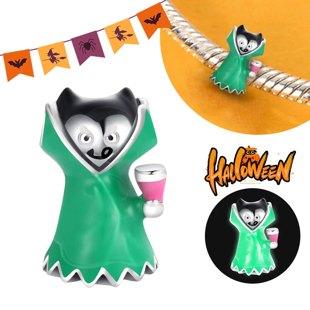 Halloween Dangle 925 Sterling Silver Skeleton Witch Devil's Eye Skull Charms Bead Fit Original Bangle Bracelet Necklace Jewelry