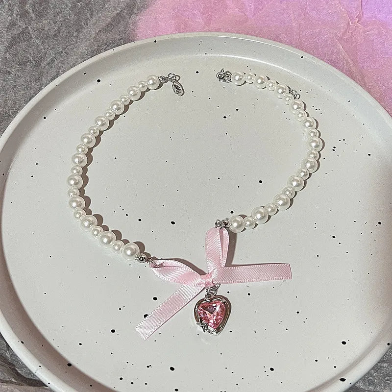 Kpop Goth Y2K Heart Bowknot Pendant Choker Necklace Clavicle Chain For Women