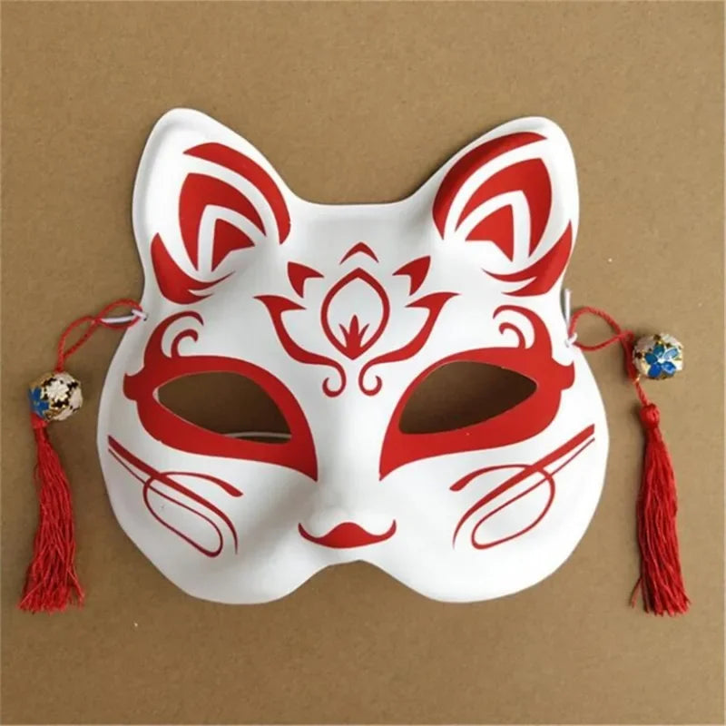 Party Show Fox Mask With Tassels And Bells Hand-painted Kitsune Half Face Halloween Cosplay Gift