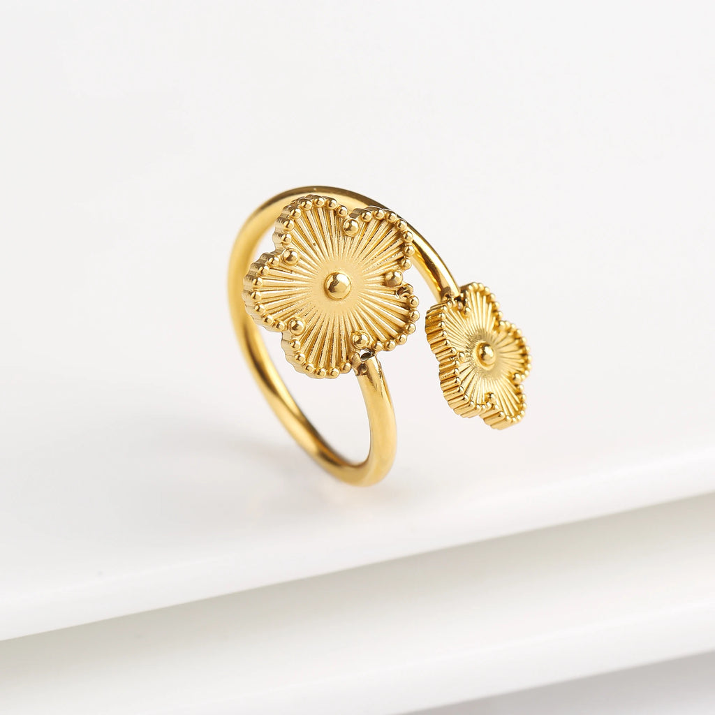 Adjustable Stainless Steel five-leaf Flower Opening Ring Fashion Women Plum Blossom Finger Jewelry Classic Party Gift Clover