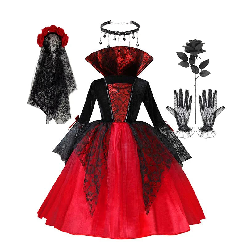 Girl Vampire Halloween Dress For Kid Ghost Bride Gothic Cosplay Vampire Costume Count Vampiran Carnival Outfit Black Red Clothes