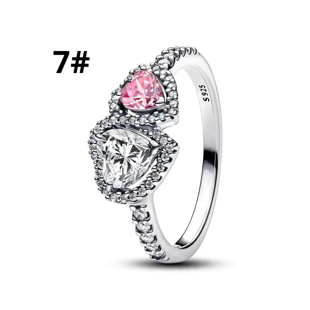 Original 925 Sterling Silver Bow Heart Set Ring Necklace Earring Colorful Crystal Women Birthday Valentine's Gift DIY Jewellery