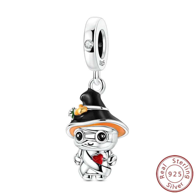 Halloween Charm Bead Pendant 925 Sterling Silver Pumpkin Witch Doll Skeleton Mummy Candy Charm Fit Original Bracelet DIY Jewelry