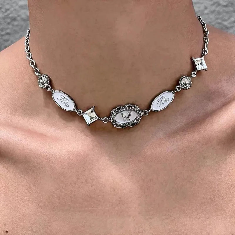 New Trendy Gothic Vintage Harajuku Butterfly Crystal Choker Pendant Chain Necklaces For Women Charm Y2K Accessories Jewelry Gift
