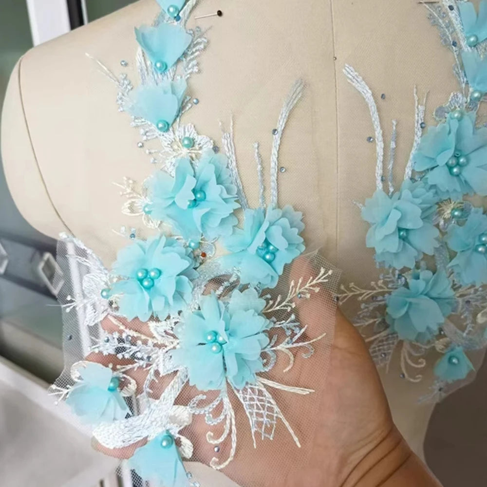 1Pc Pink Blue 3D Flower Bead Embroidery Patch Mesh Fabric Applique Sew Wedding Dress Clothes Decor Diy Repair